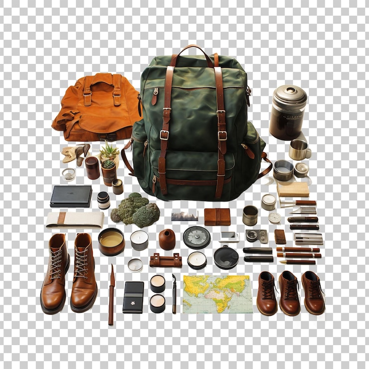 PSD todos los artículos de viaje en un fondo psd transparente aislado