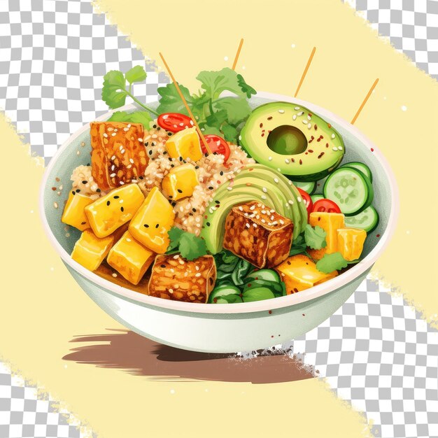 PSD tofu, abacate, manga, feijão verde, quinoa e tigela de repolho em fundo transparente