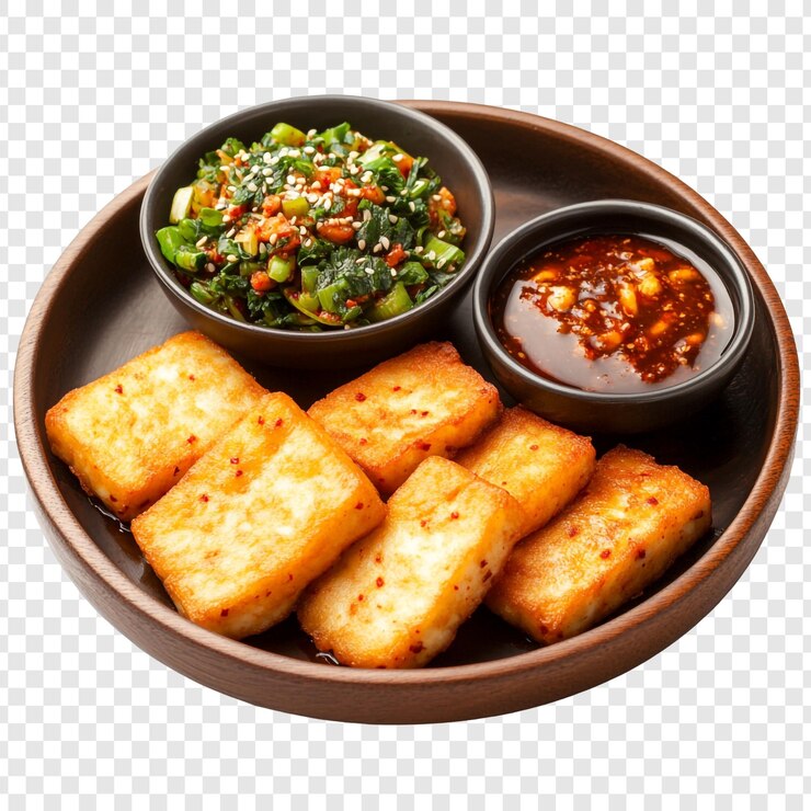 PSD tofu coreano frito con platos de acompañamiento