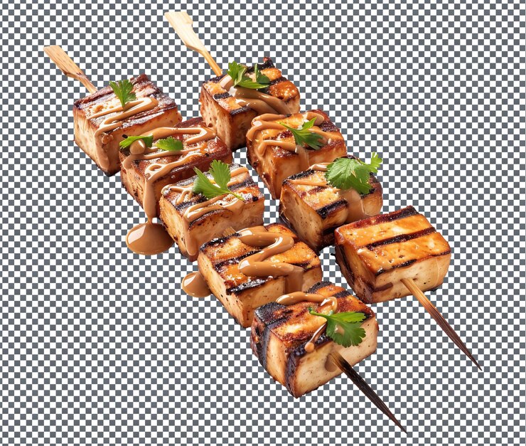 PSD tofu fresco grelhado e espetos de vegetais isolados sobre um fundo transparente