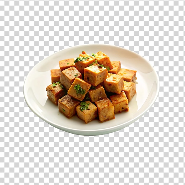 PSD tofu frito en un plato aislado sobre un fondo transparente