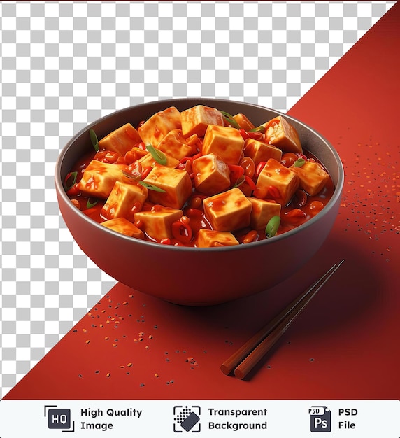 PSD tofu picante transparente frito en un cuenco gris con palillos en una mesa roja