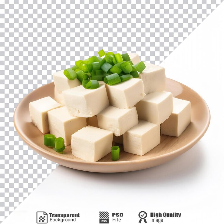 PSD tofu recién cortado con cebollas verdes en un plato