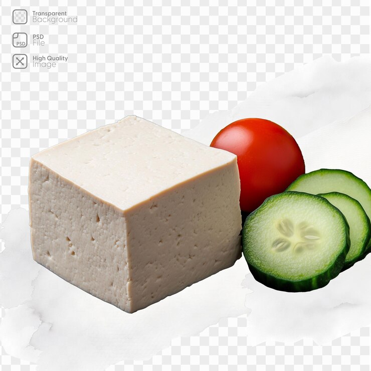 PSD tofu con tomate de pepino cortado y calabacín sobre un fondo transparente