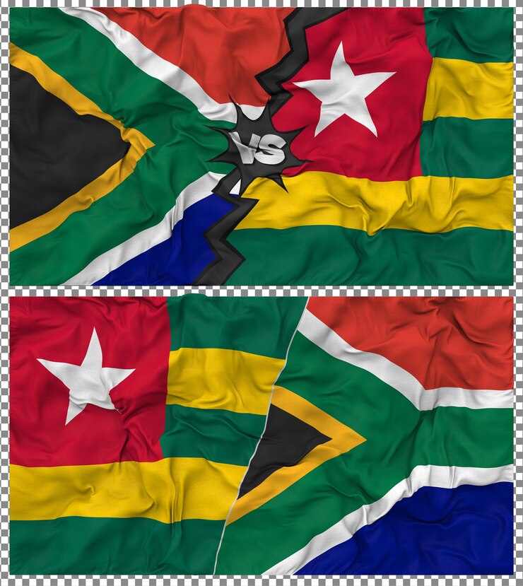 PSD togo contra áfrica do sul meia bandeira combinada textura de tecido de bump renderização 3d