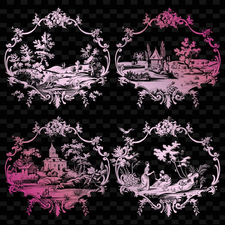 PSD toile francés con escenas pastorales diseño límite impreso png diseños de motivos estilizados únicos