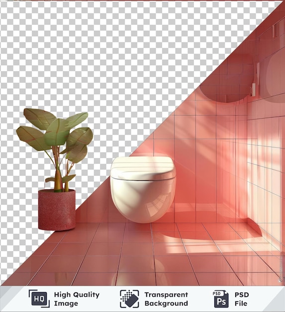 PSD toilette d'objet transparent dans une salle de bain rose avec des murs et un sol en carreaux accompagnés d'une plante verte et d'une fenêtre blanche