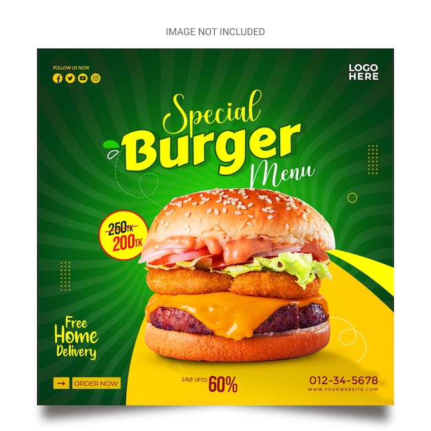Tolles Burger- und Speise-Menü Social-Media-Banner-Vorlage