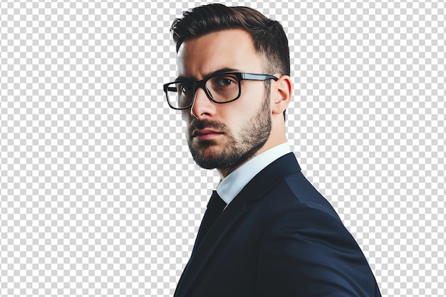 Toma un primer plano de un hombre de negocios con gafas en un fondo blanco aislado