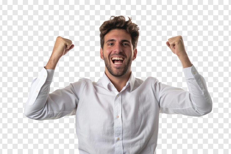 PSD tomada media de un joven empresario sonriente celebrando aislado en el fondo de transparencia psd