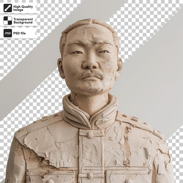 PSD tomada media del marco de la estatua de guerrero de terracota china por el torso aislado sobre un fondo blanco