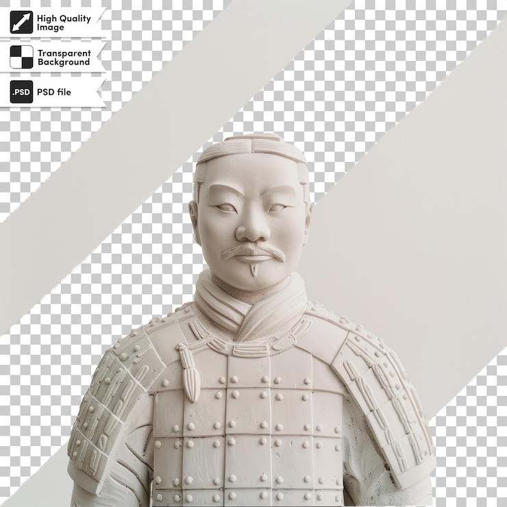 PSD tomada media del marco de la estatua de guerrero de terracota china por el torso aislado sobre un fondo blanco