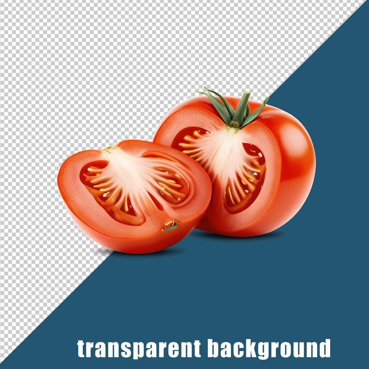 Tomate cortado por la mitad aislado sobre un fondo transparente