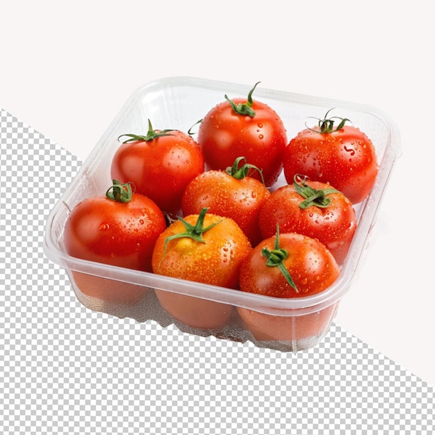 Tomate Dans Un Plateau En Plastique Sur Un Fond Transparent