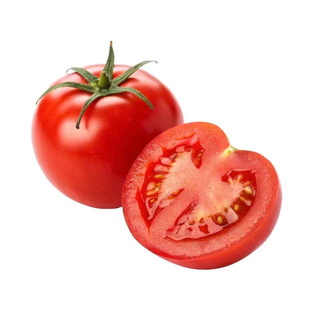 Une tomate entière et une tomate coupée en deux avec une couleur et une texture vives Arrière-plan transparent