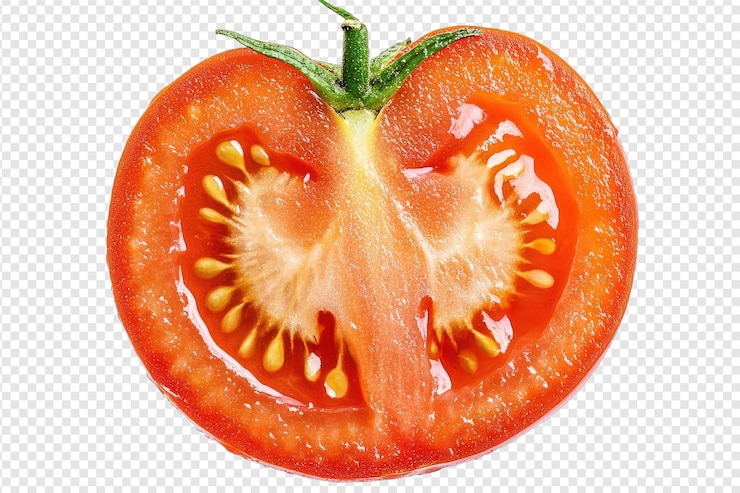 PSD tomate fresco dividido en dos con aislado sobre un fondo transparente