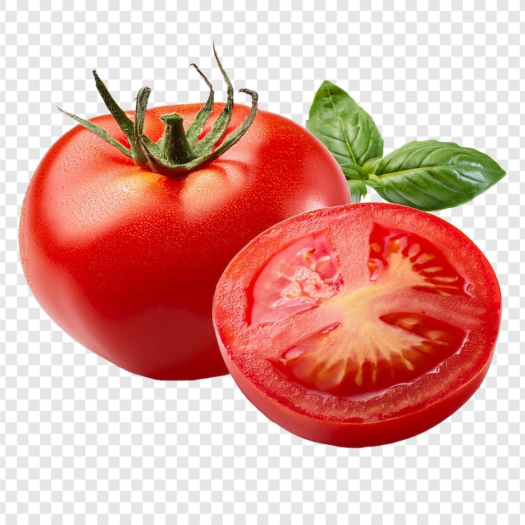 PSD une tomate et la moitié d'une tomate sont représentées sur un fond transparent