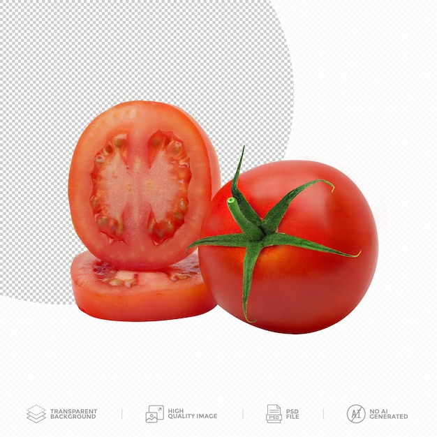 Tomate rojo y rebanada sobre fondo transparente