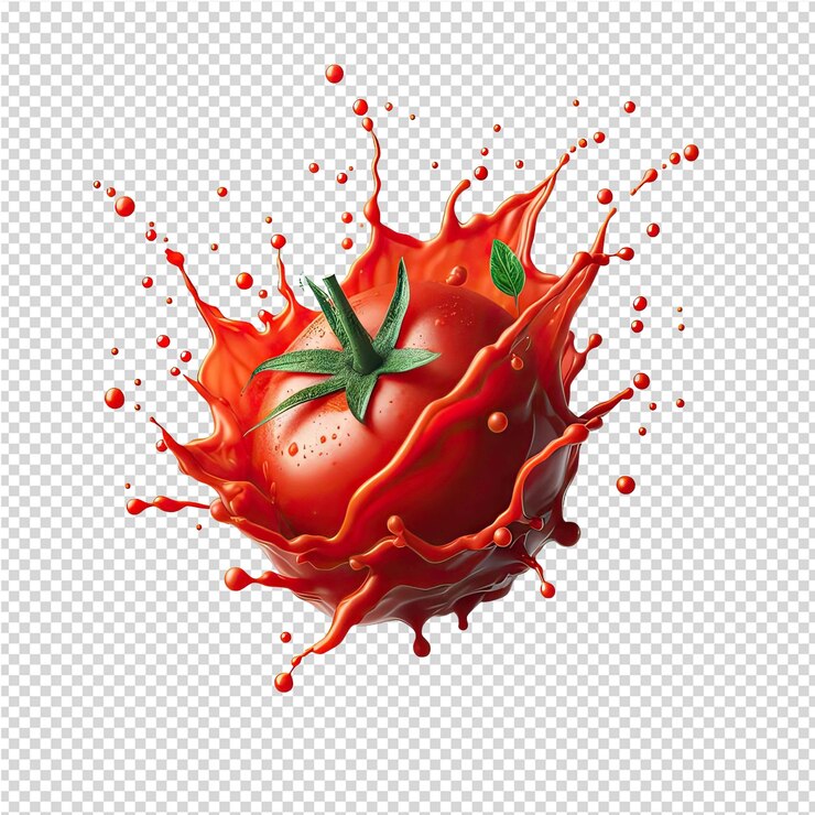 PSD un tomate con un salto de líquido rojo y una fresa en el fondo