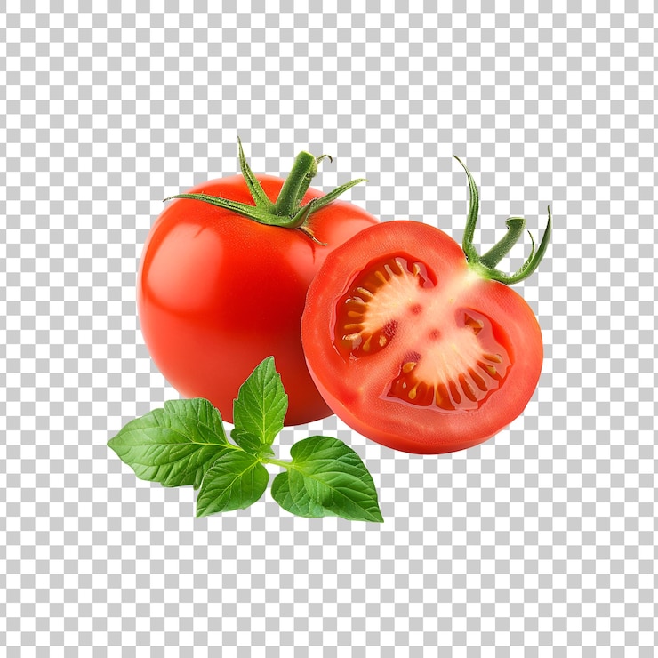 PSD une tomate et une tranche de tomate sont représentées sur un fond transparent