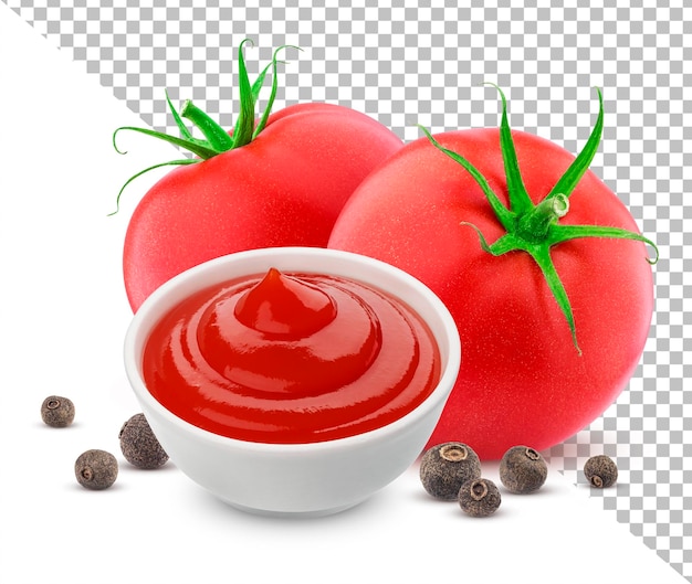 Tomatenketchup mit Pimentkörnern isoliert