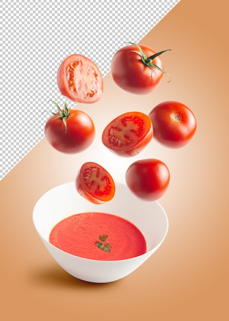 Tomatenmodell, das mit tomatencreme in eine schüssel fällt