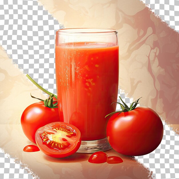 PSD tomatensap mit sellerie und pfeffer auf einem durchsichtigen hintergrund aus glas