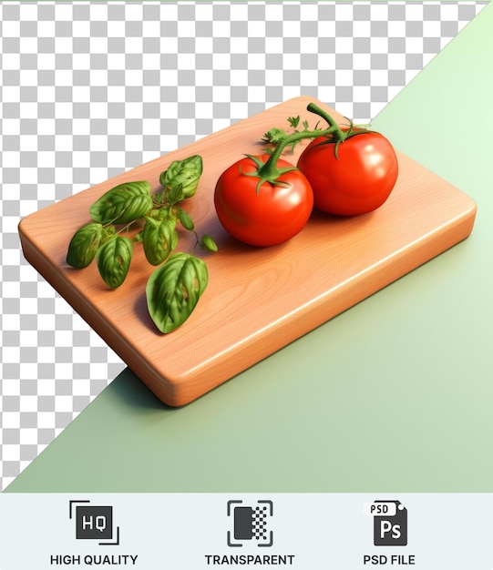 PSD tomates y albahaca en una tabla de cortar de madera