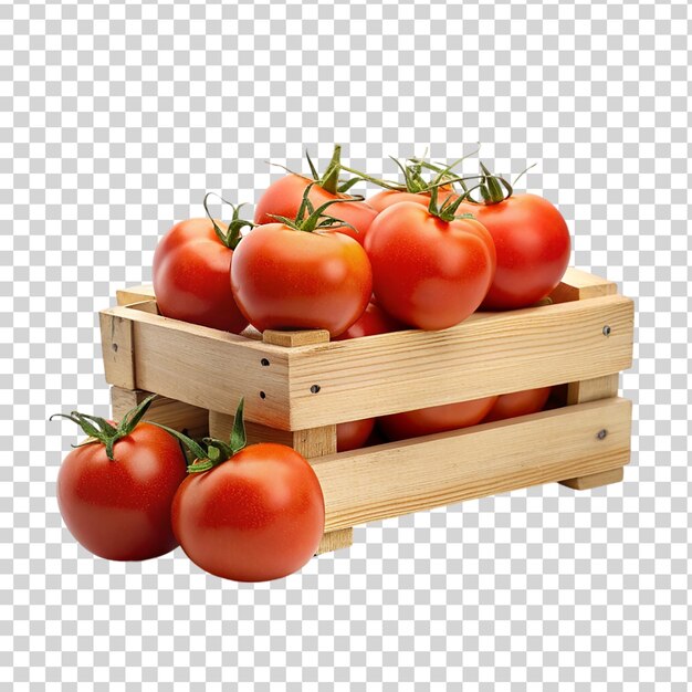 PSD tomates en caja de madera aislados sobre un fondo transparente