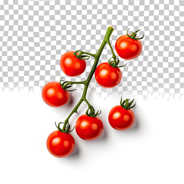 PSD tomates de cereza frescos maduros rojos con tallos verdes en la rama sobre un fondo transparente