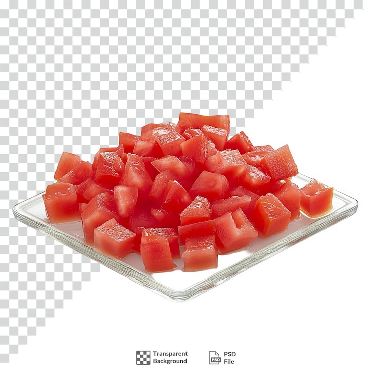 PSD tomates en cubitos en un fondo transparente de tablero de vidrio
