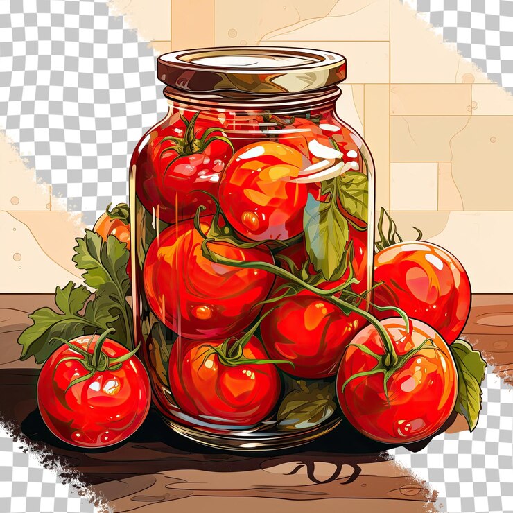 PSD tomates encurtidos en un fondo transparente de frasco de vidrio