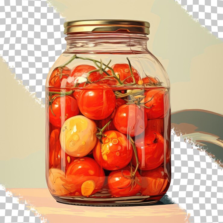 PSD tomates encurtidos en un fondo transparente de frasco de vidrio