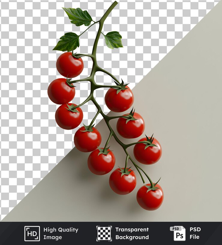 PSD tomates de fondo transparentes de primera calidad colgando en la rama de la vid