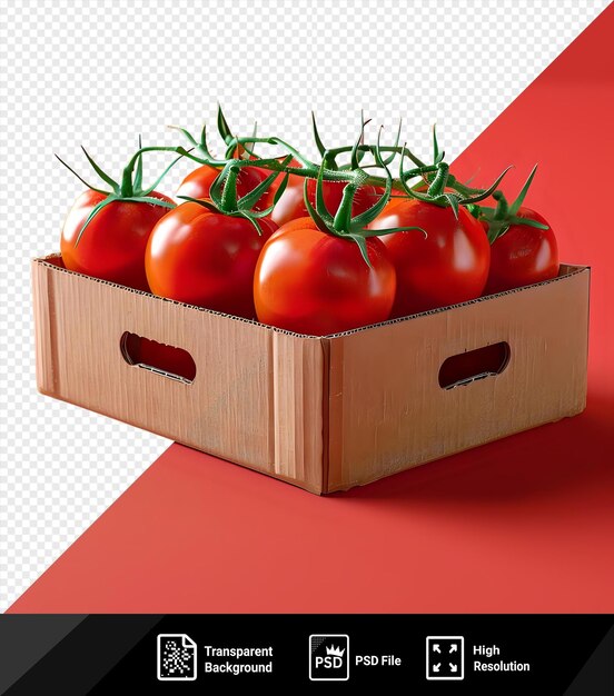 PSD tomates frescos en una caja de cartón reciclable sobre un fondo rojo