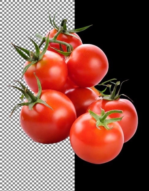 Tomates frescos com caules verdes e gotas de água em fundo transparente png psd