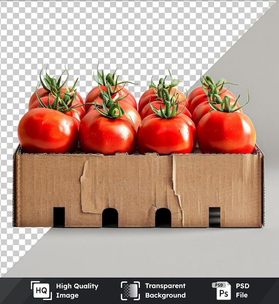 PSD tomates frescos de fundo transparente em caixa de cartão reciclável em parede cinzenta e branca