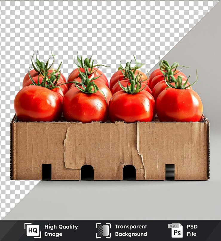PSD tomates frescos de fondo transparente en una caja de cartón reciclable en una pared gris y blanca