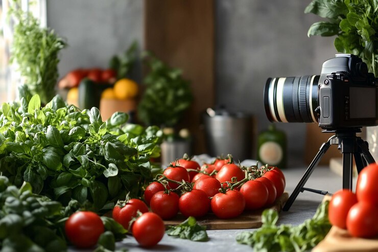 PSD tomates frescos y hierbas configuración de fotografía de alimentos en una cocina