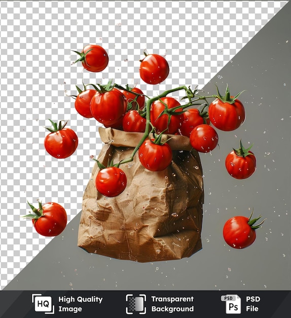 Tomates de imagen de psd transparentes volando en una bolsa de papel de reciclaje