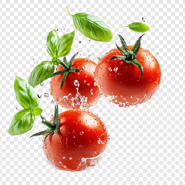 PSD tomates jugosos y albahaca salpicando la frescura del agua