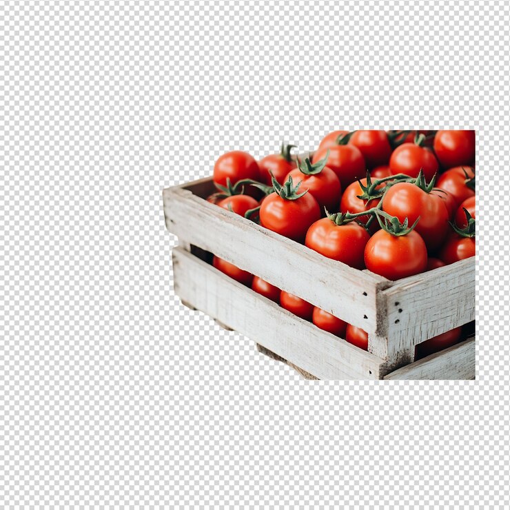 PSD tomates maduros y jugosos en cajas rústicas producto fresco de la granja