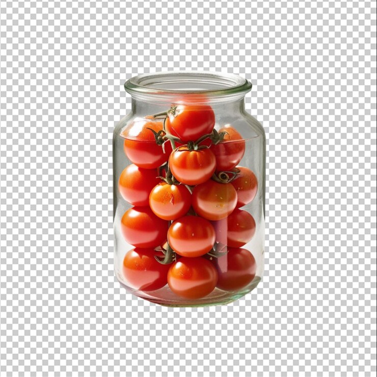 PSD tomates pequeños en un frasco de vidrio aislados sobre el fondo blanco