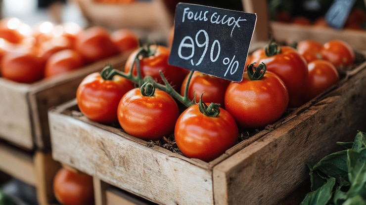 PSD tomates rojos frescos expuestos en cajas de madera rústicas en un mercado que muestra un cartel de precios