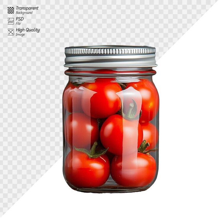 PSD tomates rojos frescos en frasco de vidrio con fondo transparente