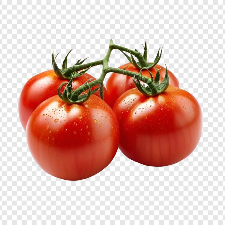 PSD tomates rojos frescos maduros en la vid aislados en transparente