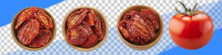 PSD tomates secos en cuencos con fondo de tomate fresco