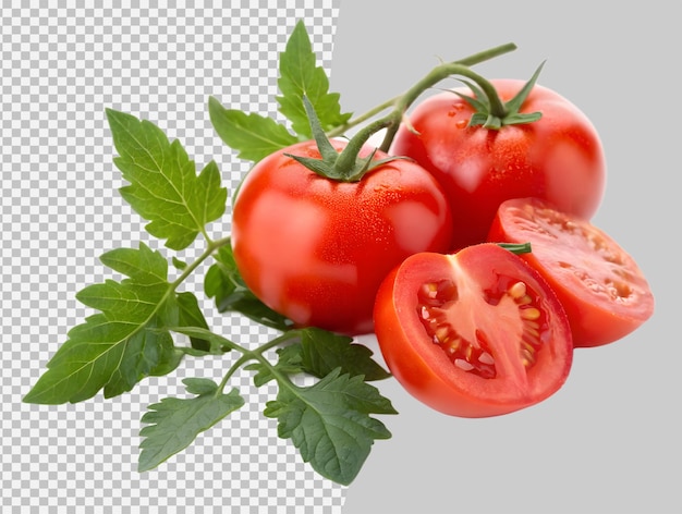 Tomates vermelhos frescos com folhas verdes isolados em fundo transparente