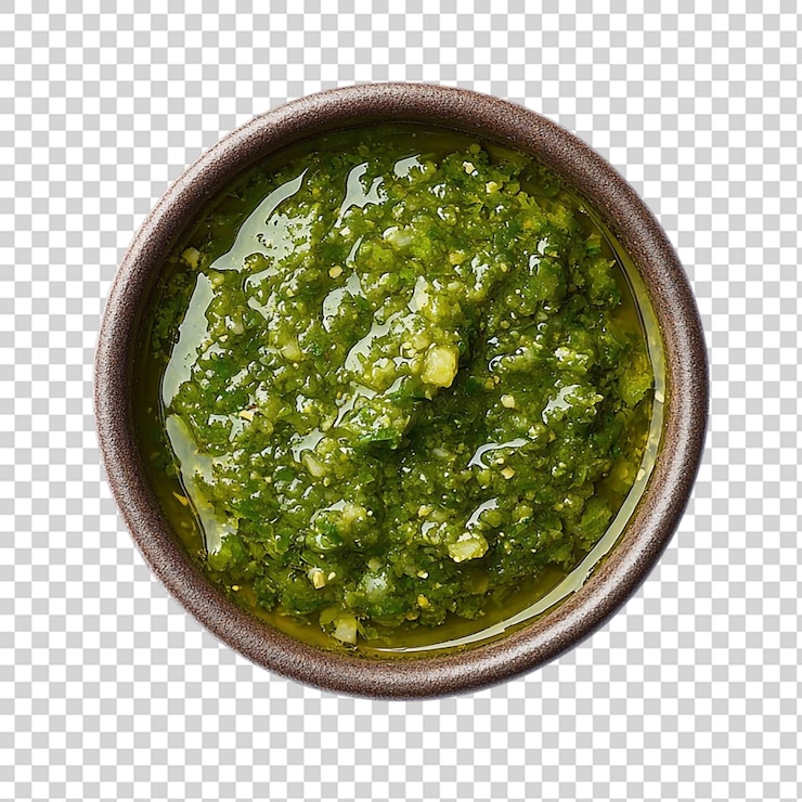 PSD tomatillo salsa verde salsa verde mexicana en un plato blanco aislado sobre un fondo transparente