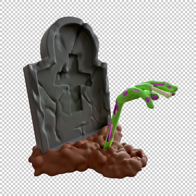 Tomba con la mano di zombie che esce dall'illustrazione 3d di terra